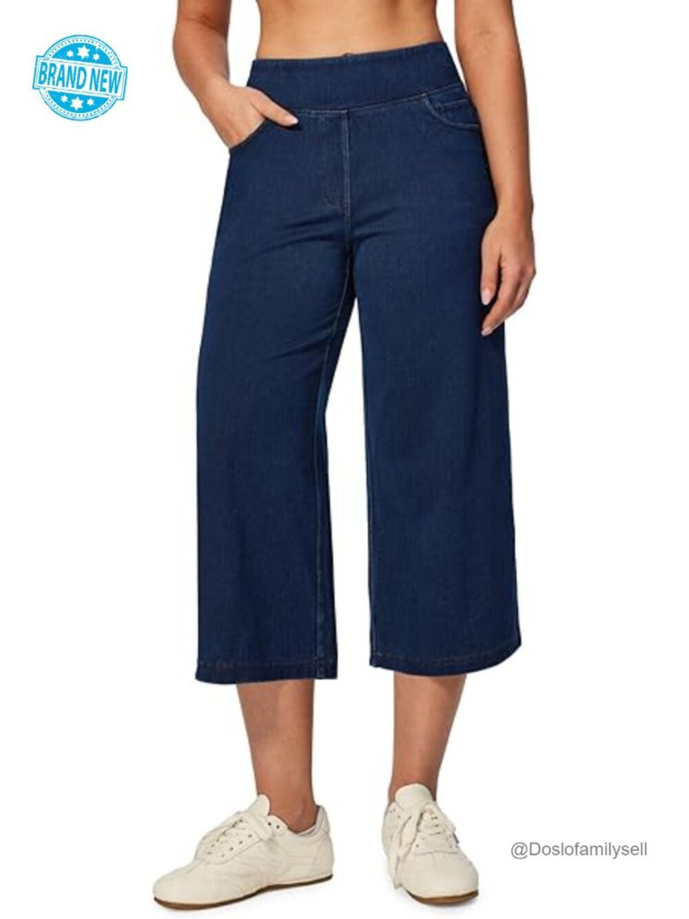 High Waisted Stretch Denim Capri Pants Wide Leg Pull On Cropped Jeans